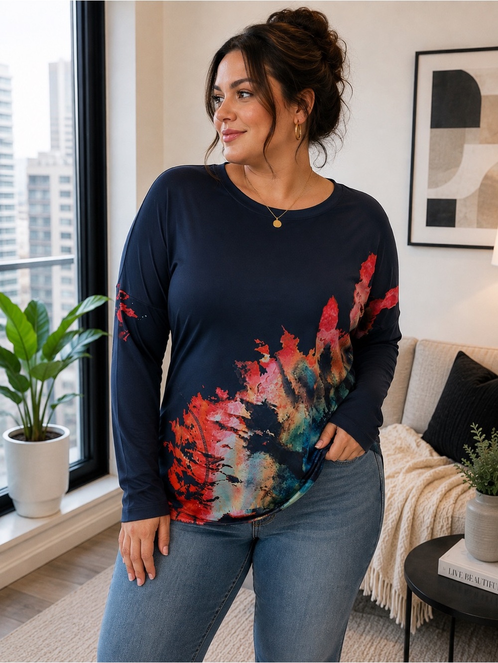 Navy Plus-Size Long Sleeve Tee with Vibrant Watercolor Print